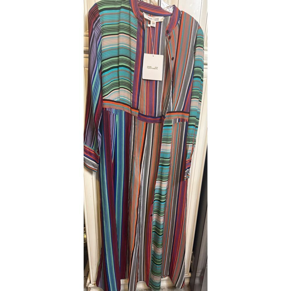Diane Von Furstenberg Womens Striped Silk Maxi Shirt Dress Multicolor Size 6 NWT